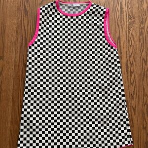 Zara Mini Dress Black White Checker Print Neon Trim Knit 50s Mod Sleeveless Sz L